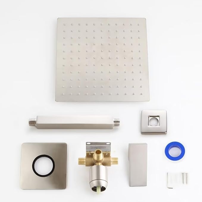 POP SANITARYWARE Ceiling Mount Shower Faucet Set Brushed Nickel Bathroom 10 Inch Rainfall Mixer Shower Head System Single Handle Shower Trim Kit with Rough-in Valve