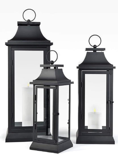 Serene Spaces Living Black Hurricane Lanterns with Clear Glass Panels, Perfect for Home Decor, Parties & Events, Table Top Or Hanging Lantern for Indoor & Outdoor, KIT - Small, Medium & Large
