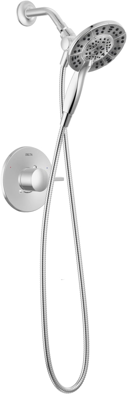 Delta Faucet Albion 14 Series Single-Handle Shower Faucet, Chrome Shower Trim Kit with 4-Setting In2ition 2-in-1 Dual Hand Held Shower Head with Hose, Chrome T142855-I (Valve Not Included)