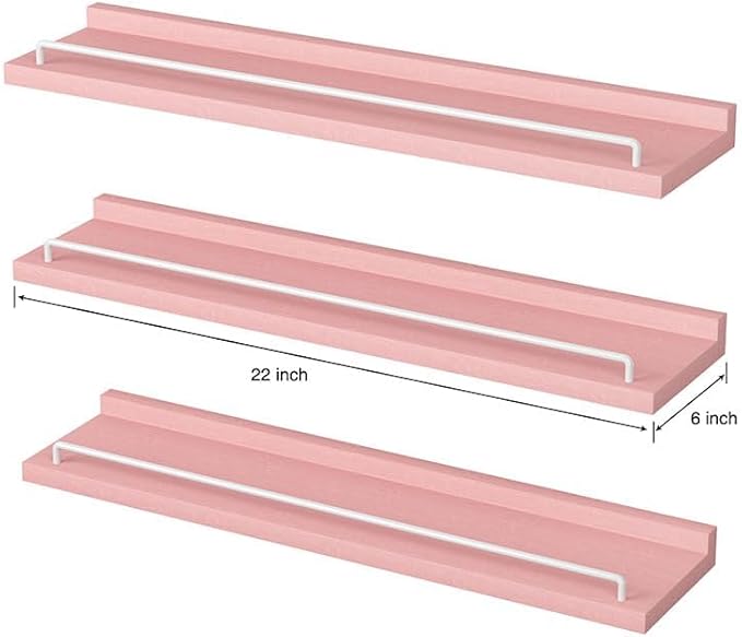 22 inches Long Floating Shelves, Bathroom Decor Shelves Over Toilet, Farmhouse Wall Shelves for Living Room, Bedroom, Picture Frames, Plants, Kitchen, Set of 3 (Pink and White)