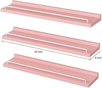 22 inches Long Floating Shelves, Bathroom Decor Shelves Over Toilet, Farmhouse Wall Shelves for Living Room, Bedroom, Picture Frames, Plants, Kitchen, Set of 3 (Pink and White)