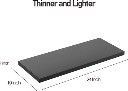 Wall Shelf Set of 2, Black Floating Shelves 24 in W x 10 in D x 1 in H, Wooden Floating Wall Shelf with Invisible Brackets for Living Room/Bedroom/Bathroom/Kitchen Storage and Decor