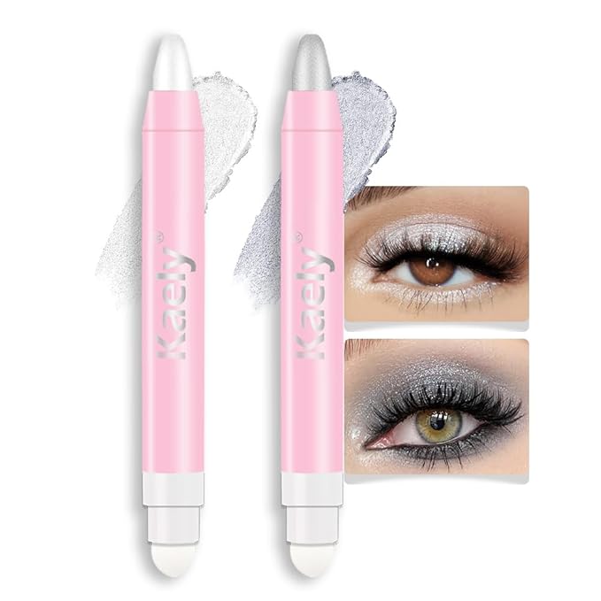 evpct 2Pcs Cream Eye Shadow Brightener Sticks Set for Eyes Waterproof, Pearl White & Silver Matte Cream Eyeshadow Applicator Stick Long Lasting Pigmented Eye Makeup sombras en crema para ojos 01 + 16