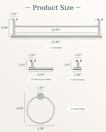 Chrome Bathroom Accessories Set, SUS304 Stainless Steel 5 Pieces Bathroom Hardware Set, 24 Inch Double Bath Towel Bar Set, 2 Towel Hooks, Toilet Paper Holder, Towel Racks for Bathroom Wall Mounted