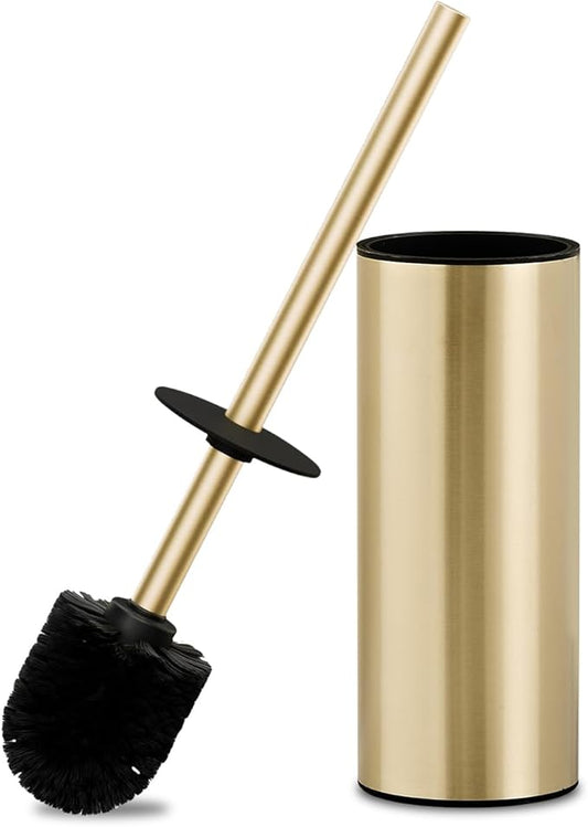 Toilet Brush and Holder Set, NEWRAIN 304 Stainless Steel Toilet Brush with Long Brush Handle, Brushed Gold Toilet Scrubber and Covered Holder, Round Design Sturdy and Space Saving, Covered Brush
