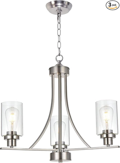 BONLICHT Contemporary Chandelier 3 Light Brushed Nickel Modern Lighting Fixtures Hanging Clear Glass Shades Pendant Light Classic Ceiling Lamp for Kitchen Dinging Room Living Room Bedroom Hallway