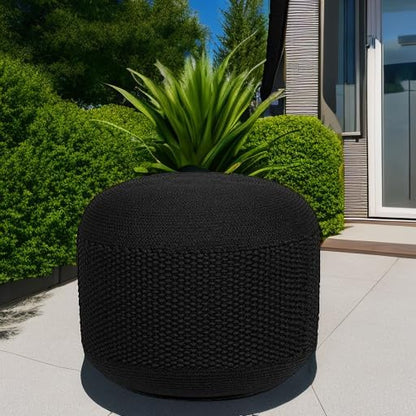 BIRDROCK HOME Outdoor Pouf Ottoman | Hand Woven Waterproof Foot Stool with Bead Bag Filling | Boho Foot Rest for Patio, Living Room, Porch & Outdoor Seating | Lightweight, Soft Stuffed Chair | Black