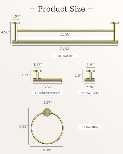Brushed Gold Bathroom Accessories Set, SUS304 Stainless Steel 5 Pieces Bathroom Hardware Set, 24" Double Bath Towel Bar Set, 2 Towel Hooks, Toilet Paper Holder, Towel Racks for Bathroom Wall Mounted
