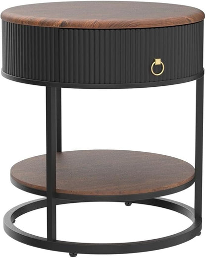 OIOG Round End Table with Drawer, Modern Wood Grain Side Table with Shelf, 2-Tier Nightstand with Drawer for Living Room, Bedroom, Rustic Brown and Black