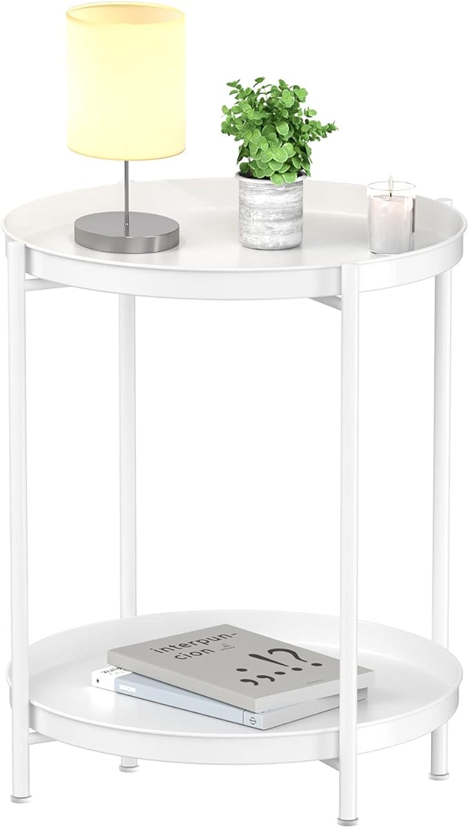 EKNITEY 2 Tier End Table - Metal Side Table Waterproof Small Sofa Coffee Side Tables Bedroom Indoor Outdoor with Removable Tray for Living Room Bedroom Balcony and Office (White)