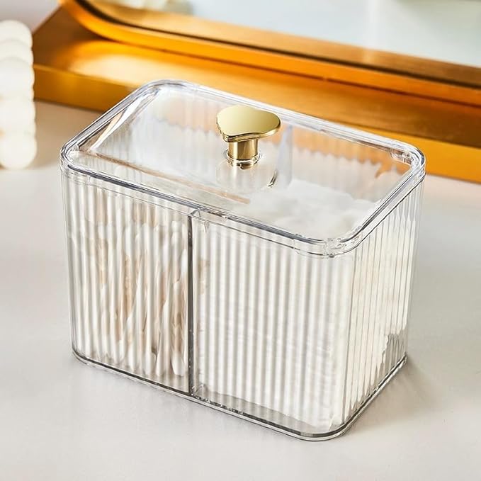 Qtips Holder Bathroom Container,3-Section Cotton Ball/Swabs Dispenser,3 Grids Apothecary Jar Organizer, Cosmetics Storage for Vanity