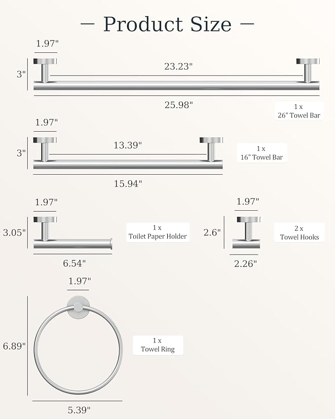Chrome Bathroom Accessories Set, SUS304 Stainless Steel 6 Pieces Bathroom Hardware Set, 16&26 Inch Bath Towel Bar Set, 2 Towel Hooks, Toilet Paper Holder, Towel Racks for Bathroom Wall Mounted