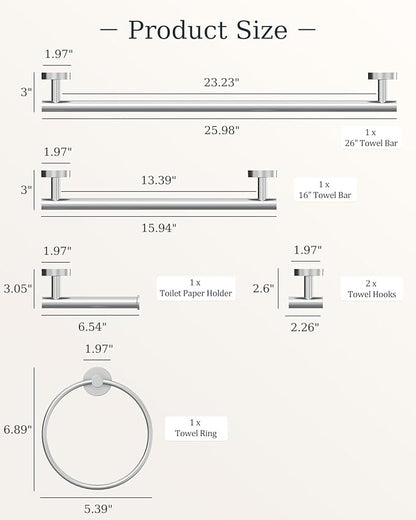 Chrome Bathroom Accessories Set, SUS304 Stainless Steel 6 Pieces Bathroom Hardware Set, 16&26 Inch Bath Towel Bar Set, 2 Towel Hooks, Toilet Paper Holder, Towel Racks for Bathroom Wall Mounted