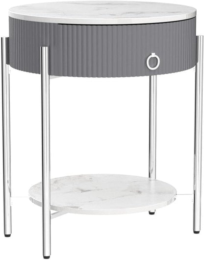 OIOG Round Side Table with Drawer, Modern Nightstand with Shelf and Chrome Finish Metal Legs, 2 Tier End Table for Living Room, Bedroom, Office, Marbling Natural Stone/Silver