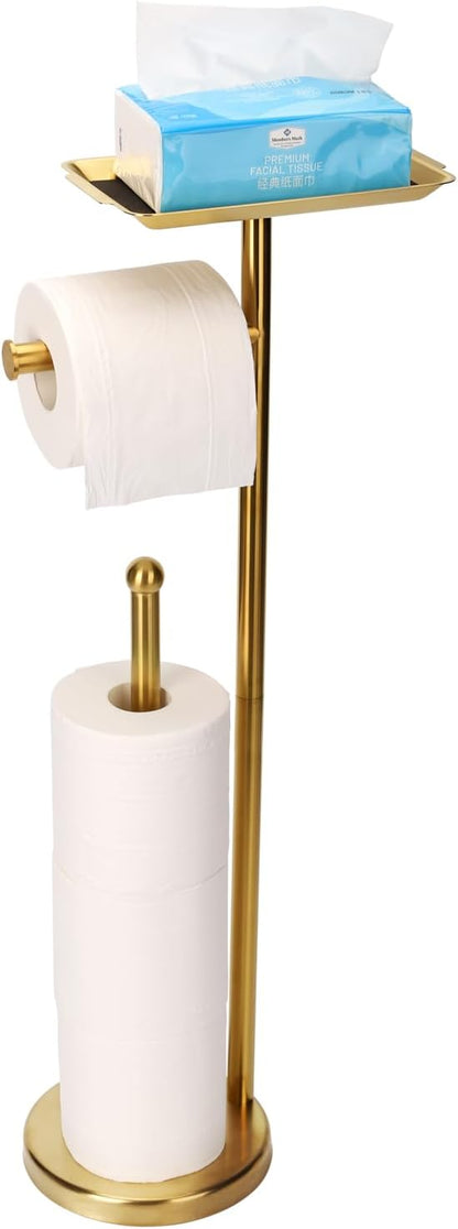 Toilet Paper Holder Stand for Bathroom Floor Freestanding Toilet Roll Dispenser Storages 4 Reserve Rolls, with Top Storage Shelf for Cell Phone (Brushed Gold)
