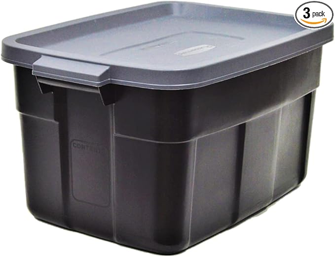 Rubbermaid Roughneck Tote 31 Gal, 3 Pack, Made in USA, Black & Gray, Rugged Plastic Stackable Storage Bins with Lids and Handles