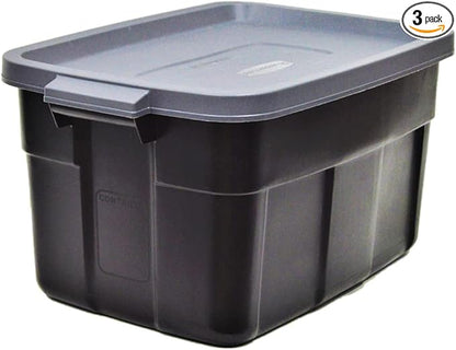 Rubbermaid Roughneck Tote 31 Gal, 3 Pack, Made in USA, Black & Gray, Rugged Plastic Stackable Storage Bins with Lids and Handles