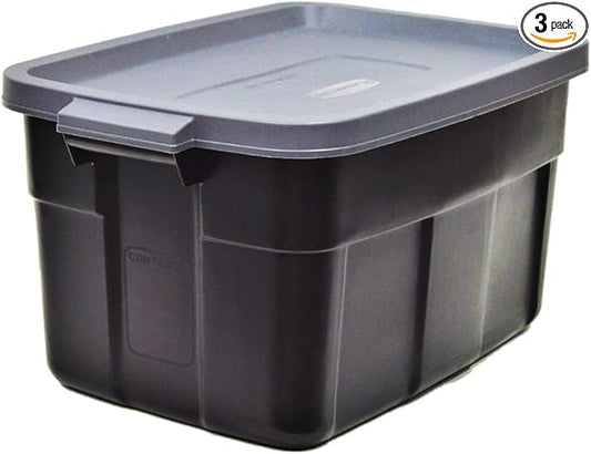 Rubbermaid Roughneck Tote 31 Gal, 3 Pack, Made in USA, Black & Gray, Rugged Plastic Stackable Storage Bins with Lids and Handles
