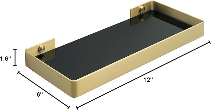 Alise Glass Bathroom Shelf,Gold 11.8 Inch Rectangular Floating Shelves for Bathroom, Showers, Vanities, Kitchens,SUS304 Stainless Steel Glass Shelf for Toilet Room Decoration