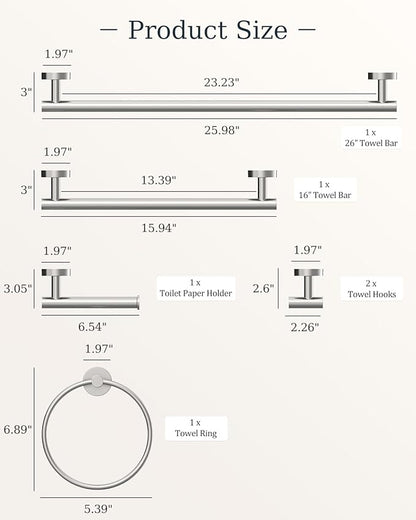 Brushed Ncikel Bathroom Accessories Set, SUS304 Stainless Steel 6 Pieces Bathroom Hardware Set, 16&26 Inch Bath Towel Bar Set, 2 Towel Hooks, Toilet Paper Holder, Towel Racks for Bathroom Wall Mounted