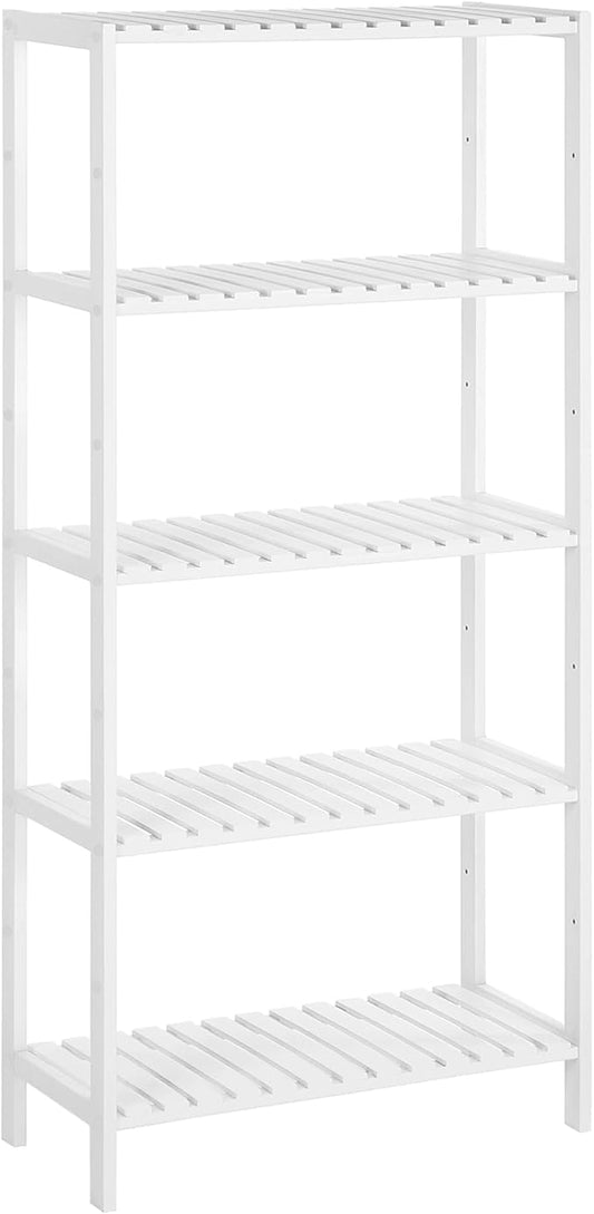 SONGMICS Bamboo Storage Shelf, 5-Tier Shelving Unit, Multifunctional, in The Entryway, Bathroom, Living Room, Balcony, Kitchen, 10.2 x 23.6 x 51.2 Inches, Cloud White UBCB35WT
