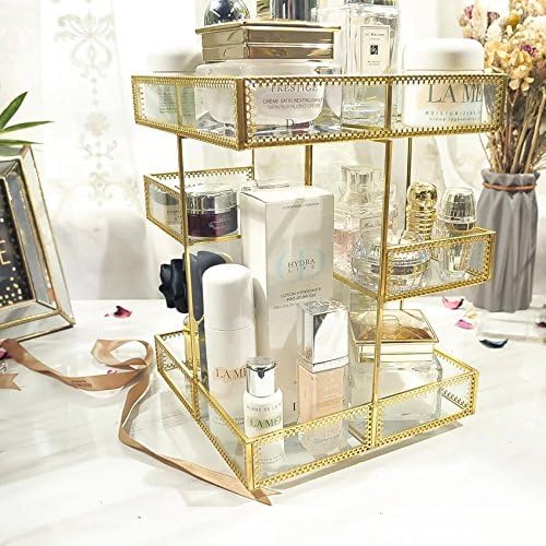 360 Degree Rotation Makeup Organizer Antique Countertop Cosmetic Storage Box Mirror Glass Beauty Display, Gold Spin Large Capacity Holder for Brushes Lipsticks Skincare Toner