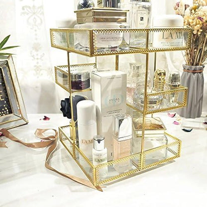 360 Degree Rotation Makeup Organizer Antique Countertop Cosmetic Storage Box Mirror Glass Beauty Display, Gold Spin Large Capacity Holder for Brushes Lipsticks Skincare Toner