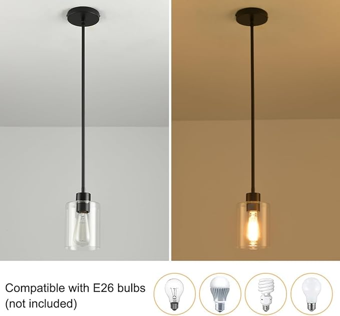 Black Pendant Lights Kitchen Island,Modern Farmhouse Glass Pendant Light,Light Fixture Kitchen Pendant Mini Hanging Light Fixture for Sink (1 Pack Black stem Rod)