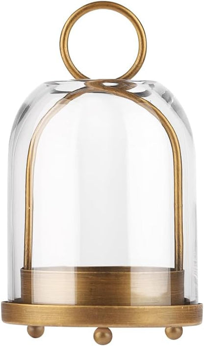 7.5" High Versatile Modern Metal Hurricane Lantern with Handmade Sturdy Glass Dome for 2" Pillar Candle & Plants (Brass, 4" x7.5)