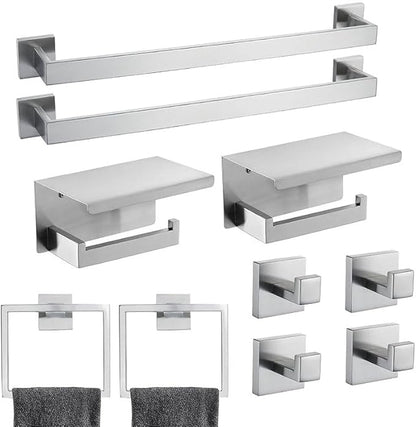 10-Piece Bathroom Hardware Set - Brushed Nickel SUS304 Stainless Steel Wall-Mounted Towel Bar, Holder & Racks, 23.6 Inch