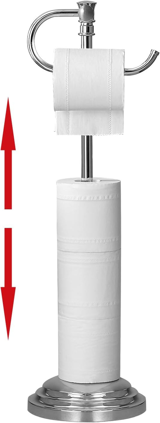 RUMOSE Toilet Paper Holder Stand for Floor, Polished Chrome Adjustable (12.4" to 22.8") Bathroom Toilet Tissue Holder, Free Standing Toilet Paper Roll Holder with Storage, Stainless Steel