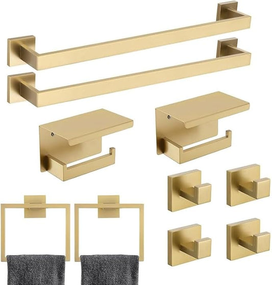 10-Piece Bathroom Hardware Set - Brushed Gold SUS304 Stainless Steel Wall-Mounted Towel Bar, Holder & Racks, 23.6 Inch