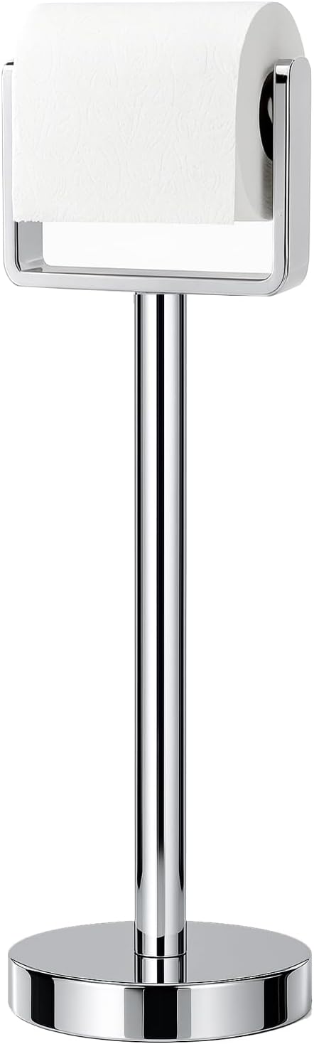 YUMORE Toilet Paper Holder Free Standing, Stainless Steel Toilet Paper Stand, Weighted Base Floor Tissue Roll Holder for Bathroom, Chrome 200UP