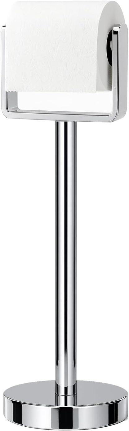 YUMORE Toilet Paper Holder Free Standing, Stainless Steel Toilet Paper Stand, Weighted Base Floor Tissue Roll Holder for Bathroom, Chrome 200UP