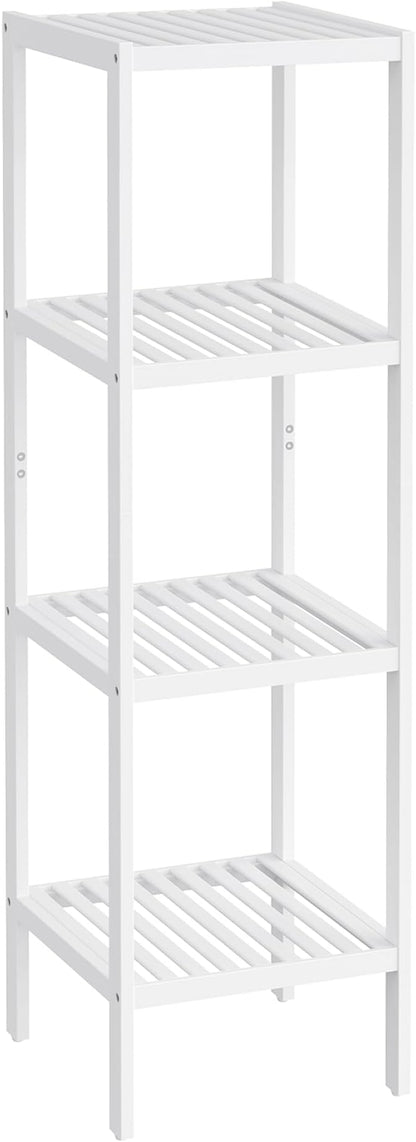 SONGMICS Bamboo Storage Shelf, 4-Tier Shelving Unit, Multifunctional, in The Entryway, Bathroom, Living Room, Balcony, Kitchen, 13 x 13 x 38.6 Inches, Cloud White UBCB054W01