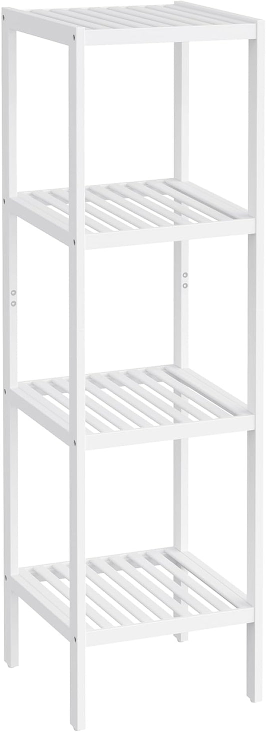 SONGMICS Bamboo Storage Shelf, 4-Tier Shelving Unit, Multifunctional, in The Entryway, Bathroom, Living Room, Balcony, Kitchen, 13 x 13 x 38.6 Inches, Cloud White UBCB054W01