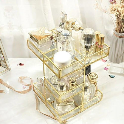 360 Degree Rotation Makeup Organizer Antique Countertop Cosmetic Storage Box Mirror Glass Beauty Display, Gold Spin Large Capacity Holder for Brushes Lipsticks Skincare Toner