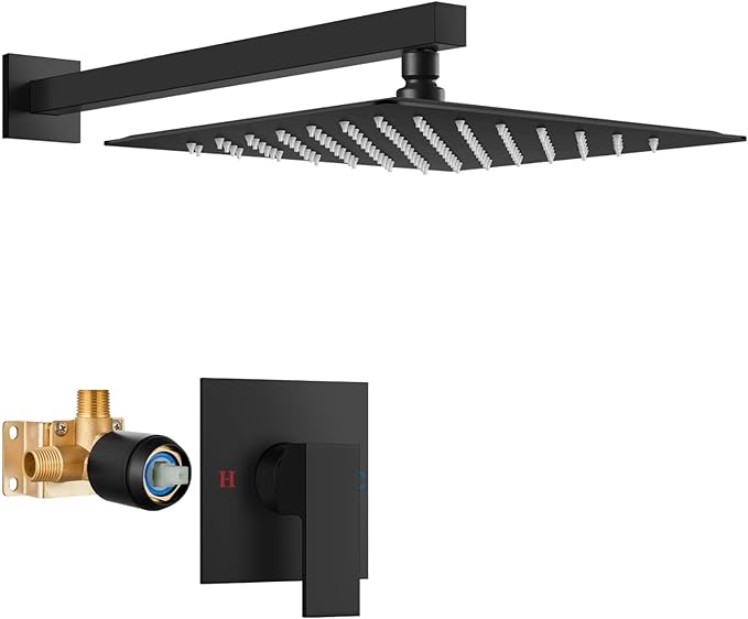 Airuida Shower Faucet Set Bathroom Rain Shower System SUS304 Stainless Steel Single Handle With Male Threads Rough-in Valve Shower Trim Kit 12 Inch Wall Mount Shower Head Matte Black