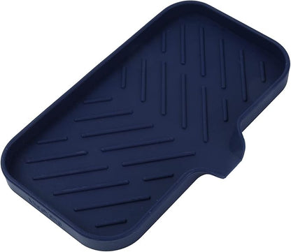 Silicone Bathroom Soap Dishes with Drain Spout-Kitchen Sink Organizer,Sponge Holder,Dish Soap Tray,Perfect for Dispenser,Scrubber,Bottle,Cup on Sink or Counter-Navy Blue 9.6"×5.3"