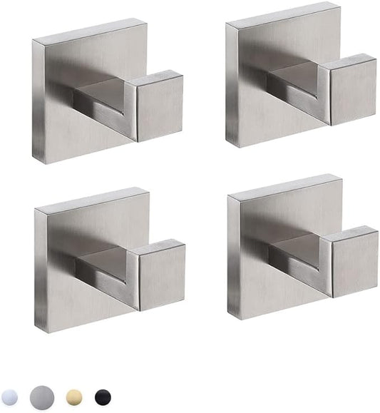 Bathroom Towel Hook 4 Pack, for Kitchen, Bedroom, Hotel - Modern Design Effortless Mounting Towel Hangers, Brushed Finish