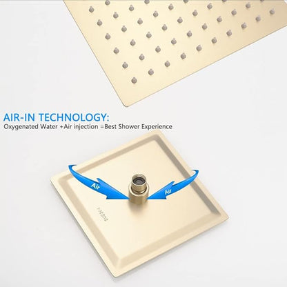 Brushed Gold Shower Faucet Set, Single Function Shower Trim Kit with Rough-in Valve, Square Rain Shower Head System Included Extra Long Shower Arm for Bathroom