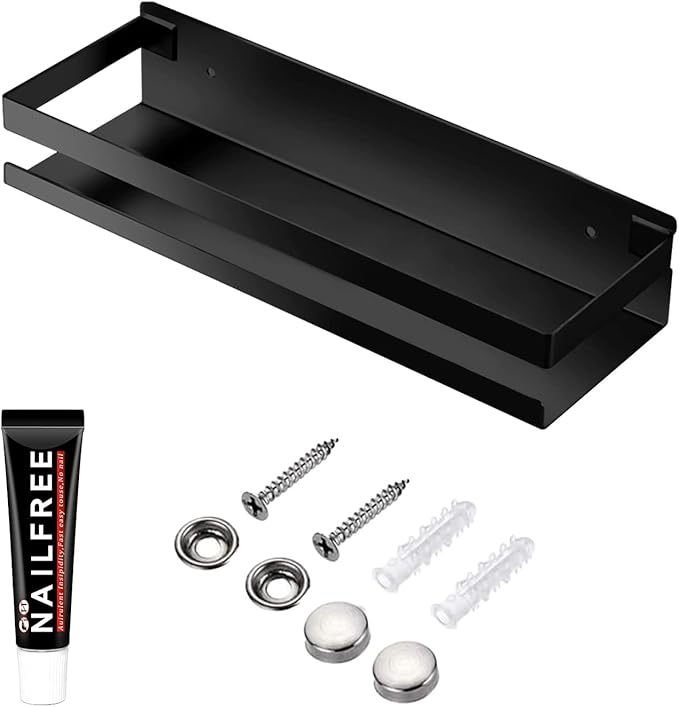 Rustproof Metal Storage Floating Shelves Wall Mounted Rectangular Shelf for Bedroom,Bathroom, Living Room, Kitchen, and Laundry Room,Nail-Free Wall-Mounted Shelves（11.8 Inch Black）