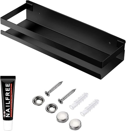 Rustproof Metal Storage Floating Shelves Wall Mounted Rectangular Shelf for Bedroom,Bathroom, Living Room, Kitchen, and Laundry Room,Nail-Free Wall-Mounted Shelves（11.8 Inch Black）