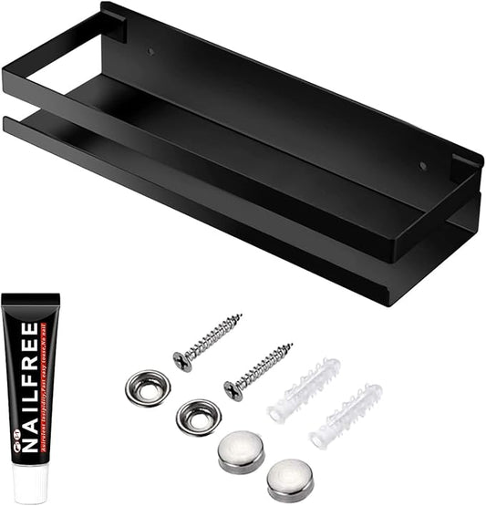 Rustproof Metal Storage Floating Shelves Wall Mounted Rectangular Shelf for Bedroom,Bathroom, Living Room, Kitchen, and Laundry Room,Nail-Free Wall-Mounted Shelves（11.8 Inch Black）