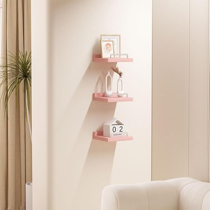 Small Floating Shelf, 6X6 Inches Farmhouse Wall Shelves for Living Room, Bedroom, Picture Frames, Plants, Kitchen, Set of 3 (Pink and White)