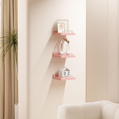 Small Floating Shelf, 6X6 Inches Farmhouse Wall Shelves for Living Room, Bedroom, Picture Frames, Plants, Kitchen, Set of 3 (Pink and White)