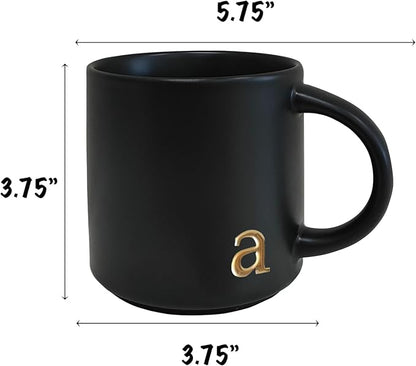 COLLECTIVE HOME - Black Monogram Ceramic Mugs, 15 oz Golden Initial Coffee Cups, Elegant Alphabet Tea Mugs, Personalized Halloween Mug with Gift Box, Perfect for Office and Home Décor (a)