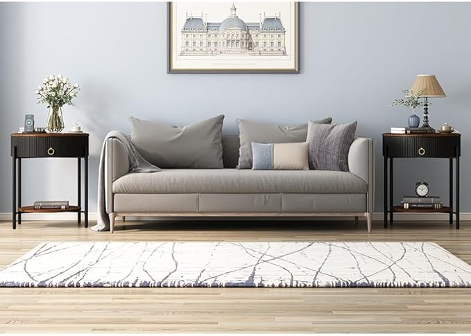 OIOG Modern Side Table with Drawer, Industrial 2 Tier End Table with Shelf, Wood Grain Nightstand with Storage for Living Room, Bedroom, Office, Dorm, Black