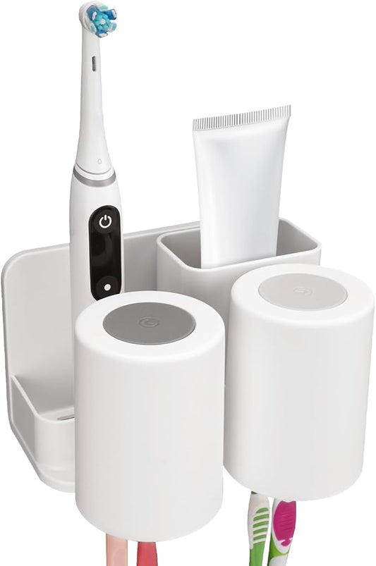 Toothbrush Holders with 2 Mouthwash Cup Wall Mounted for Bathrooms, 2 Slots Bathroom Organizer for Toothpaste, Electric Toothbrush, Razor, Floss, Self Adhesive Toothbrush Hanger Storage for Shower
