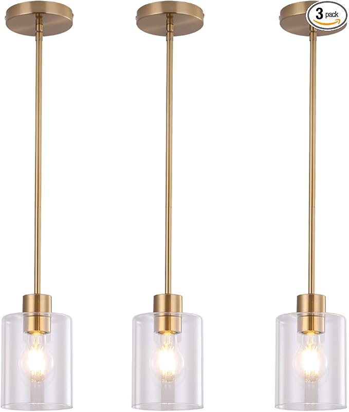 Brass Pendant Lights Kitchen Island - Gold Clear Glass Pendant Light Fixture Multiple Stems Rods 3 Units 12 Inch 3 Units 4 Inch (3 Pack Brass)